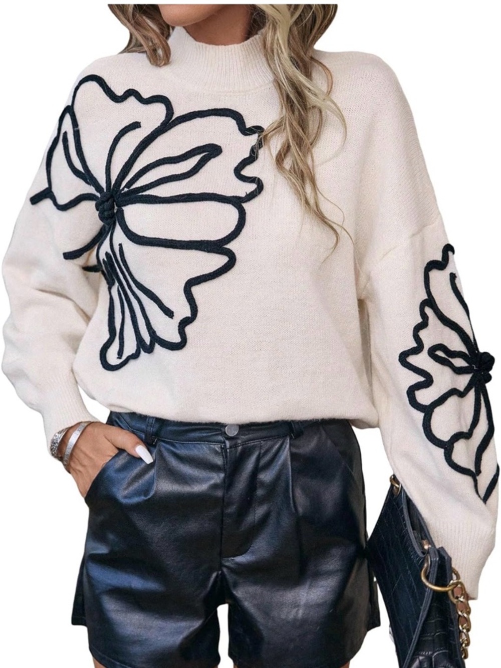 White Floral Applique Mock-Neck Sweater